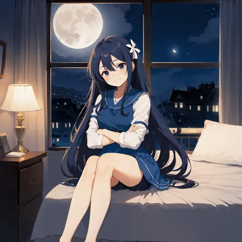 2d, anime, 1girl, bedroom, window, night, moon, sitting, crossed legs, crossed arms, smile, long hair