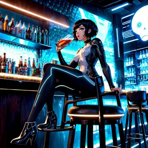 Ghost in a shell, interior of a futuristic bar, cyberpunk, 1girl sitting on the chair and drinking a futuristic soda, trending on ArtStation, Intricate, High Detail, Sharp focus, dramatic, photorealistic, intricately detailed, (amazing details:1.2), highly...