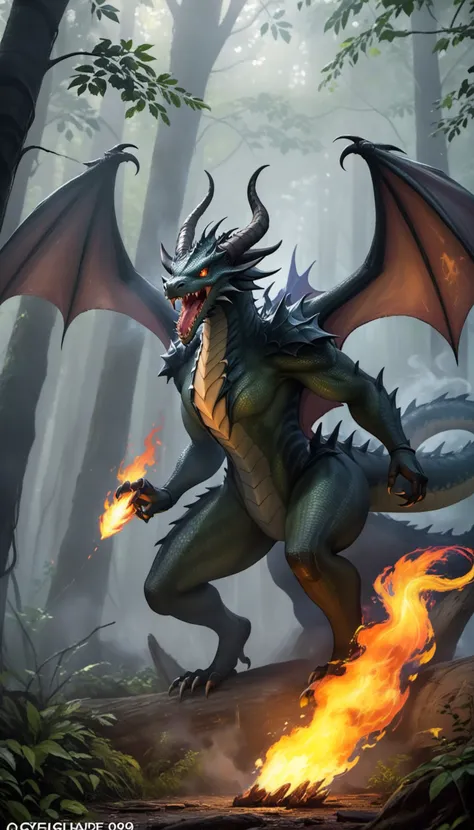 a giant monster hybrid of dragon and spider, in dark dense foggy forest, fire, no humans, open mouth, wings, dragon, sharp teeth, teeth, tail, solo, breathing fire, horns, monster, claws, smoke