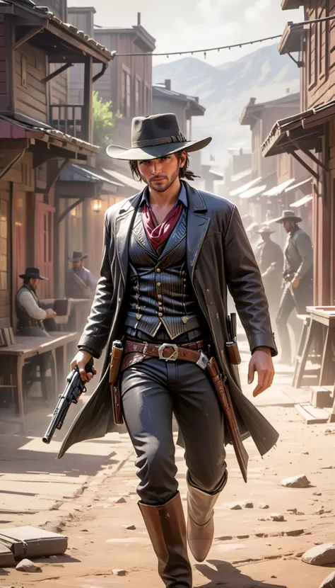 a man in a cowboy outfit walking down a street with a gun