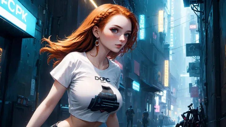 cinematic still photograph (masterpiece), (best quality), (ultra-detailed), cinematic still (Amouranth, ginger hair, perfect body, d-cup breasts, freckles:1.3),
(white crop t-shirt, mini jean shorts, black high heels:1.2), running down the dark alley, (dyn...