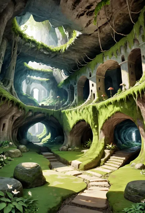 A lush depiction of an underground city built inside natural caves, with roots hanging from the ceiling and moss-covered stones, using the Earth element to explore themes of harmony and sustainability. BREAK, high resolution, best quality, 4k