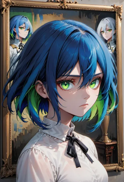 general, 1girl, solo, looking at viewer, short hair, shirt, holding, ribbon, hair between eyes, closed mouth, green eyes, blue hair, white shirt, upper body, multicolored hair, neck ribbon, black ribbon, expressionless, colored inner hair, picture frame, (...