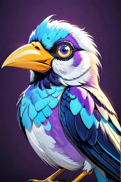 brightly colored bird with yellow beak and blue eyes on purple background, vector art inspired by victor noble rainbird, featured on artstation, digital art, highly detailed vector art, birds f cgsociety, ultra realistic illustration