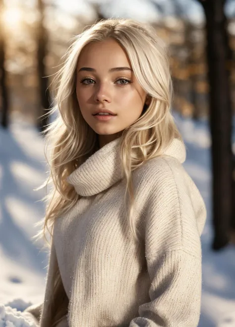 a close up of a woman in a sweater standing in the snow