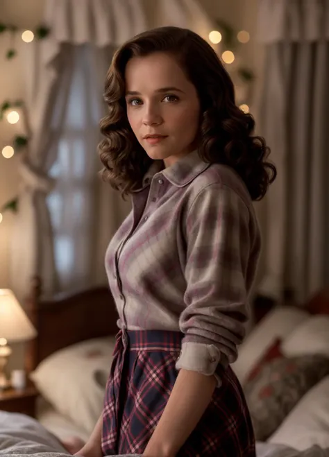 a woman in a plaid dress standing on a bed in a bedroom