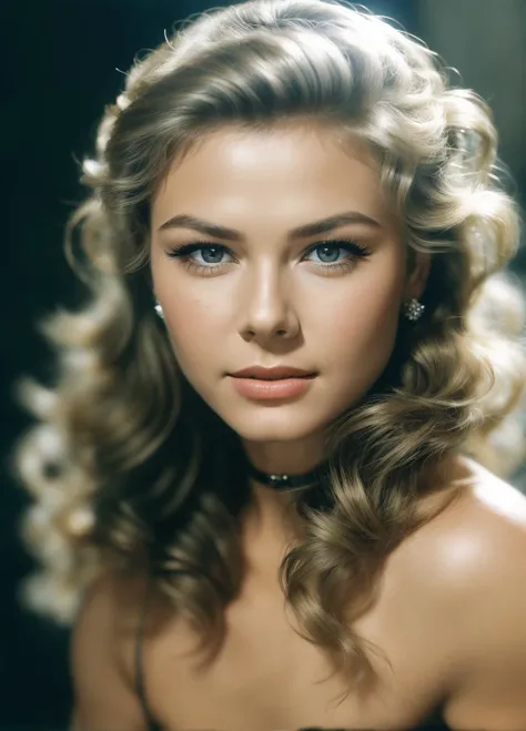 a close up of a woman with a black dress and a necklace