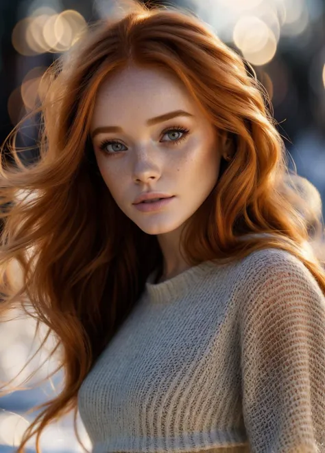 a woman with long red hair and a sweater posing for a picture