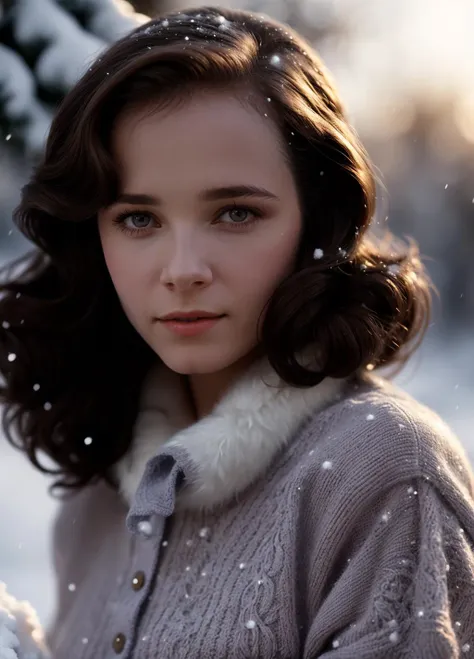 a close up of a woman in a sweater holding a snowball