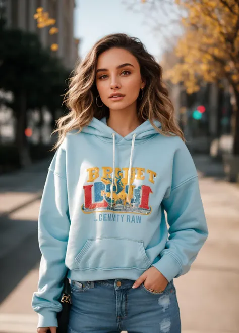 a woman wearing a blue hoodie and jeans standing on a street