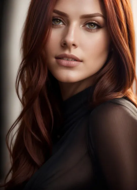 a close up of a woman with long red hair and a black top