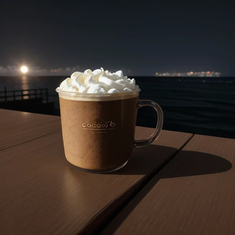 neo-conceptualism, black coffee, cookie, separation light, background light, gobo light, with an ocean view in the background, <...