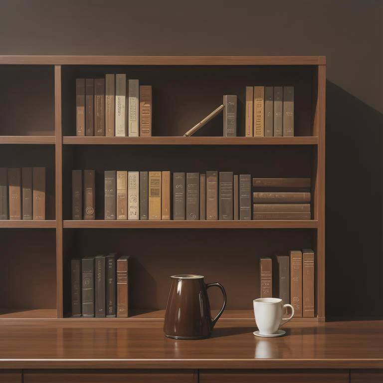 modernism oil painting, mocha, bookshelf, with a foggy atmosphere in the background, <lora:epinoiseoffset_v2pynoise:2>