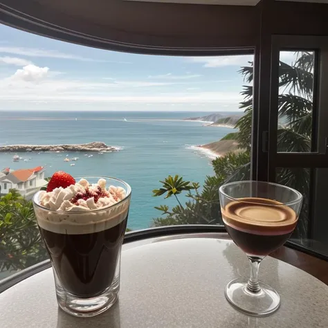 espresso, strawberry ice cream, mantel, with an ocean view in the background, <lora:epinoiseoffset_v2pynoise:2>