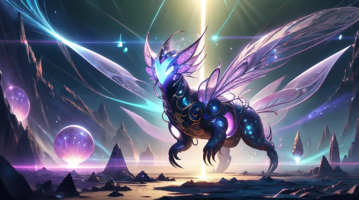 a close up of a dragon with a glowing body and wings