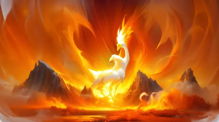 a painting of a white bird flying over a mountain with flames