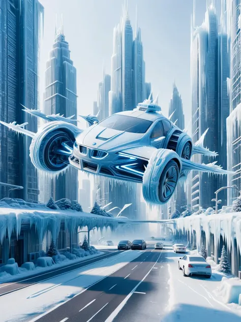 A futuristic cityscape where flying cars made of ais-icebaby zip through the ais-icebaby skyscrapers, leaving trails of sparkling frost in their wake.<lora:Ice_Style_SDXL:1>