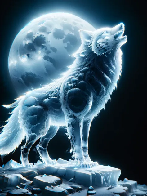 a wolf standing on a rock with a full moon in the background