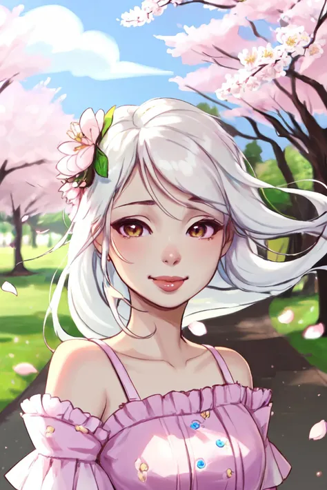 VividAnime, 1girl, lips, solo, happy, closed mouth, flower dress,  cowboy_shot, cherry blossoms,  wind, petals, long hair, white hair, <lora:VividAnimeV1.6:1.0>