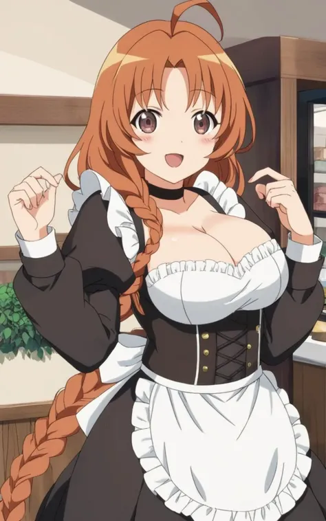 1girl, <lora:sdx-ankk-malika:0.6> malika, orange hair, very long braid sidelock, parted bangs, single braid french braid shiny hair, hair bow, brown eyes, large breasts, ahoge, cleavage, choker skindantation blush +++ :> , (black long skirt) (black long_ma...