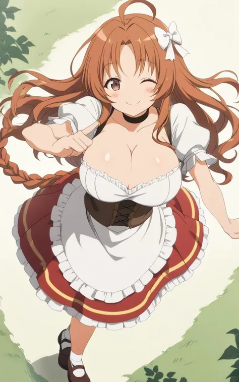 1girl, <lora:sdx-ankk-malika:0.5> malika, orange hair, very long braid sidelock, parted bangs, single braid french braid shiny hair, hair bow, brown eyes, large breasts, ahoge, cleavage, choker skindantation blush +++ close eyes smile happy  +++ dirndl whi...