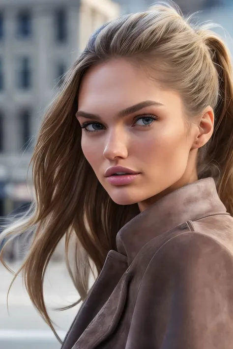 headshot of S182_RomeeStrijd,a stylish woman,in a (city:1.1),wearing a (suede-coat:1.2),(ponytail:1.1),(8k, RAW photo, best quality, depth of field, ultra high res:1.2),(absurdres, intricate, photorealistic, masterpiece, ultra-detailed:1.3),