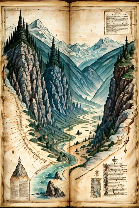 an old book with a map of a mountain valley and a river