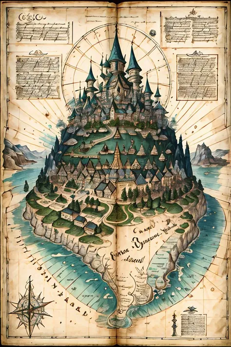 a map of a castle on a small island with a compass