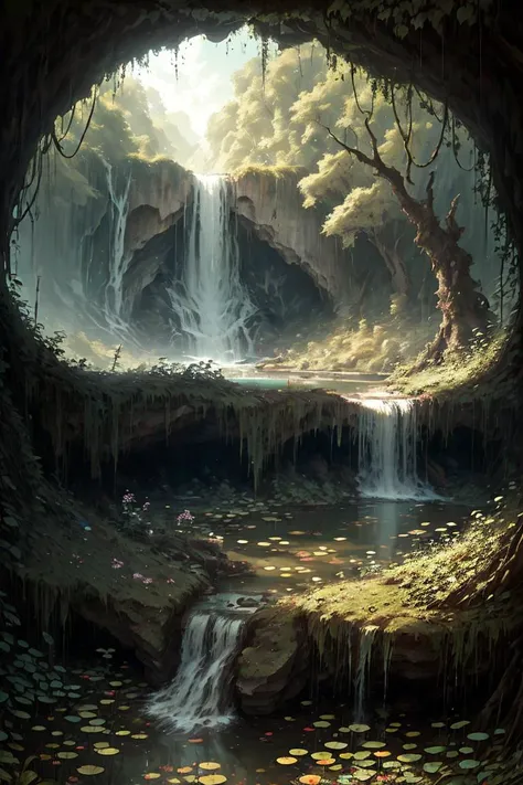 a painting of a waterfall in a cave with a waterfall coming out of it