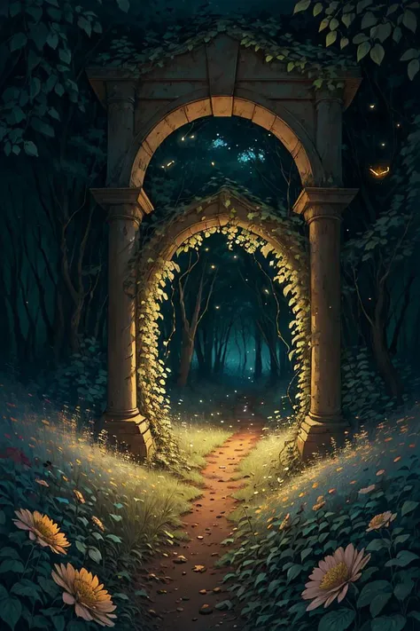 a painting of a path through a forest with flowers and a light