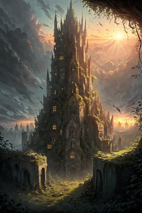 a painting of a castle in the middle of a forest