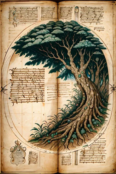 an old book with a tree on it and a map in the background