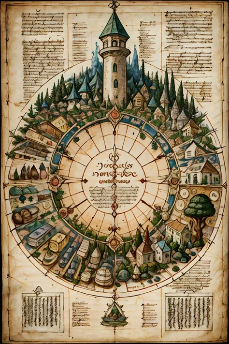 a drawing of a circular map with a clock and a tower