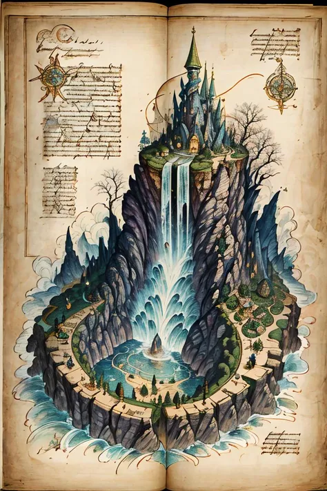 an old book with a waterfall and a castle on top of it