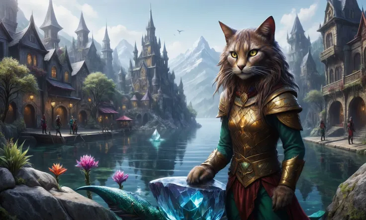 a close up of a cat in armor holding a fish