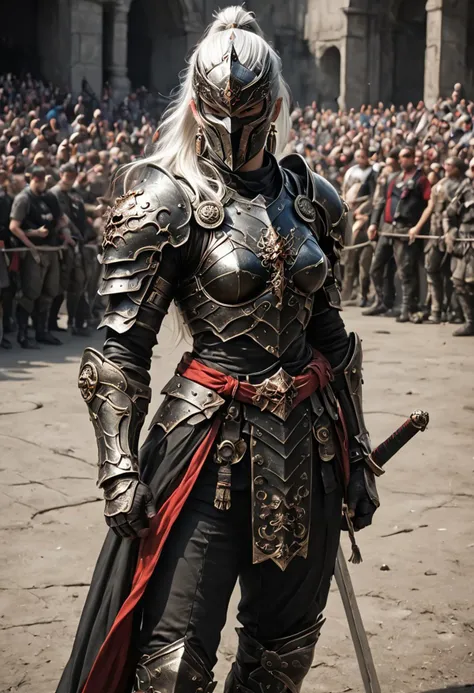 arafed knight in full armor standing in front of a crowd