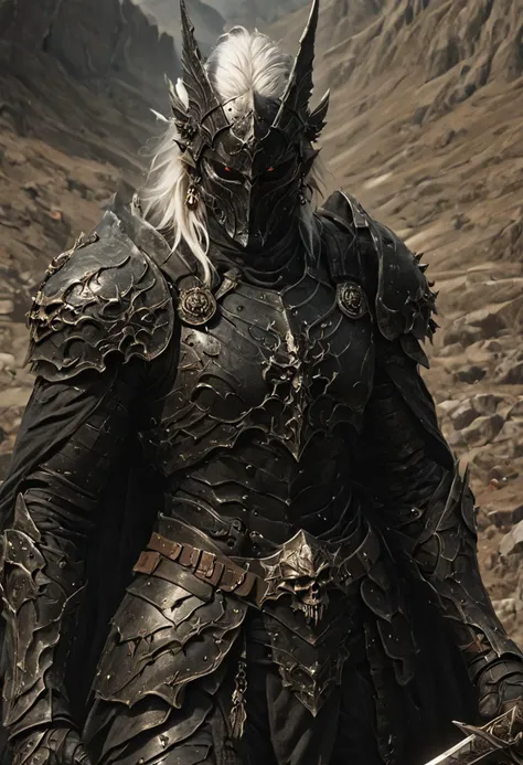 a close up of a person in a black armor with a sword