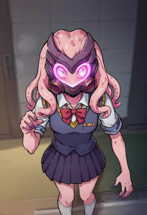 a cartoon girl in a school uniform with a pink eye