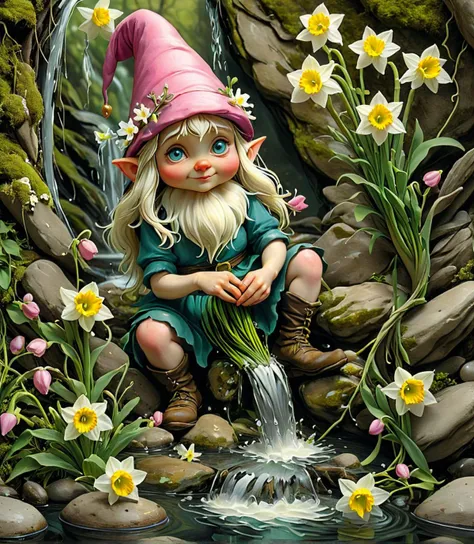 painting of a gnome sitting on a rock next to a stream of water