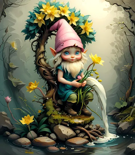 a painting of a gnome sitting on a rock with flowers