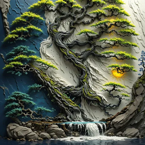 a close up of a painting of a waterfall and trees