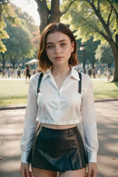 <lora:D4phneFrench_SD:0.9>,d4phnefrench,igirl,freckles,black leather mini skirt,white shirt,in the park, style by Dan Winters,RAW photography,film grain,(indistinguishable from reality:1.4),photo taken with a Bolex H16