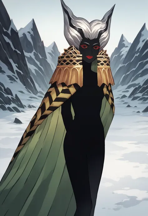 a woman in a cape and a caped outfit stands in front of a mountain