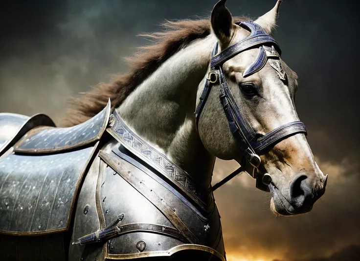 there is a horse wearing a armor and a helmet on it