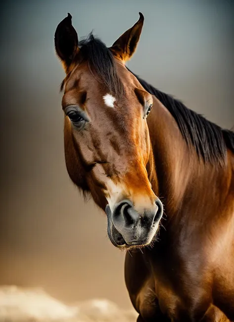 there is a brown horse standing in a field with a sky background