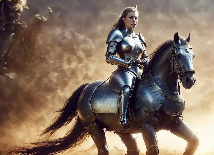 photo of a sks woman riding a medieval war majestichorse wearing heavy battle armor,  standing on two feet, (charging in the battlefield), epic (photo, studio lighting, hard light, sony a7, 50 mm, hyperrealistic, big depth of field, mate skin, pores, wrink...