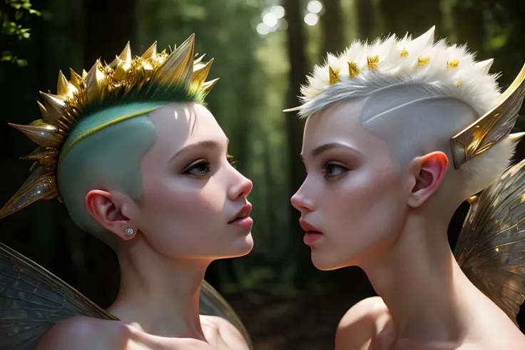 2girls, elvish fairies, (mohawk hair:1.3), (pointy ears:1.2), (outdoors in a forest), translucent wings made of gold, jewelry, looking into each others eyes, in love, happy, facing each other, gold tattoos 
 epiCRealism, 8K, photorealistic, highest quality...