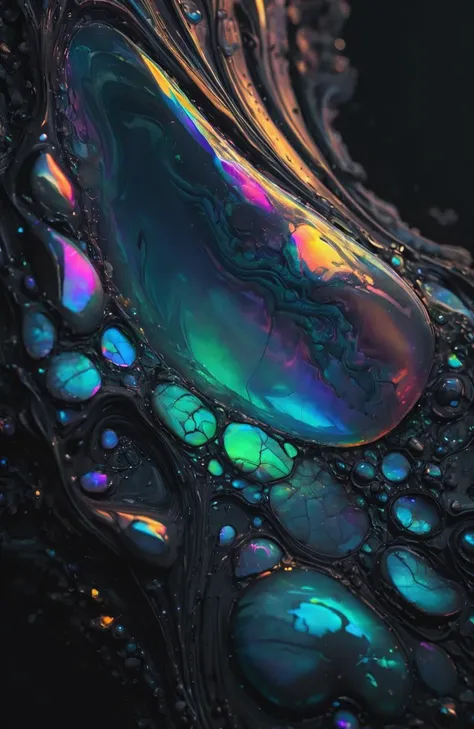 Iridescent opal style, macro, concept art, masterpiece, (fractal:0.2), fulcolor, dark noir, muffled light, realistic, soft shadows, best quality, hyper detailed, 4k. <lora:add-detail-xl:1>