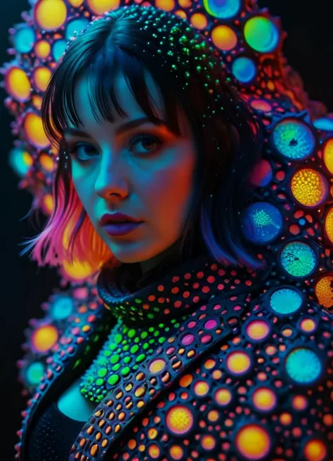 a woman with a hood covered in neon lights