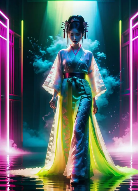 (solo) (full body shot:1.3) Neon-lit environment with god rays, gorgeous geisha in lace kimono dress, 8k resolution, blender   <lora:add-detail-xl:1.0> <lora:fflix-sotw:0.5> smoke on the water, subsurface scattering, Photorealistic, Hyperrealistic, analog ...